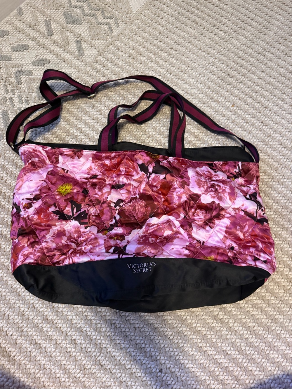 Victoria's Secret Pink Floral Quilted Tote with Black Trim
